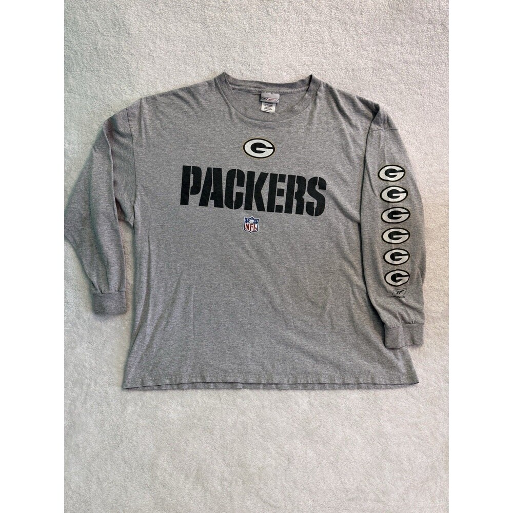 Vintage Reebok Gray Green Bay Packers Graphic Long Sleeve Shirt XXL Made in USA
